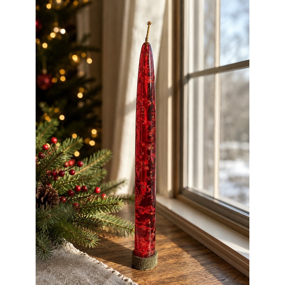 Vintage Red Lucite Taper Candle Christmas MCM Decoration Glitter Foil Acrylic 8"
